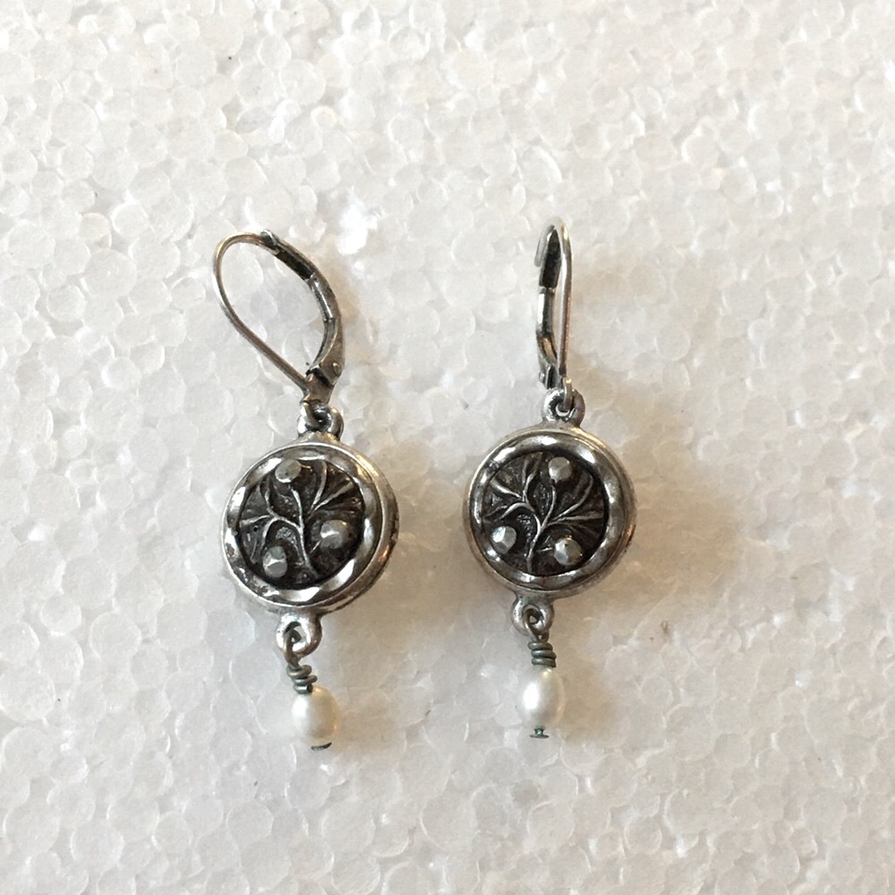 Antique Button Earrings Pewter Settings Lever Back